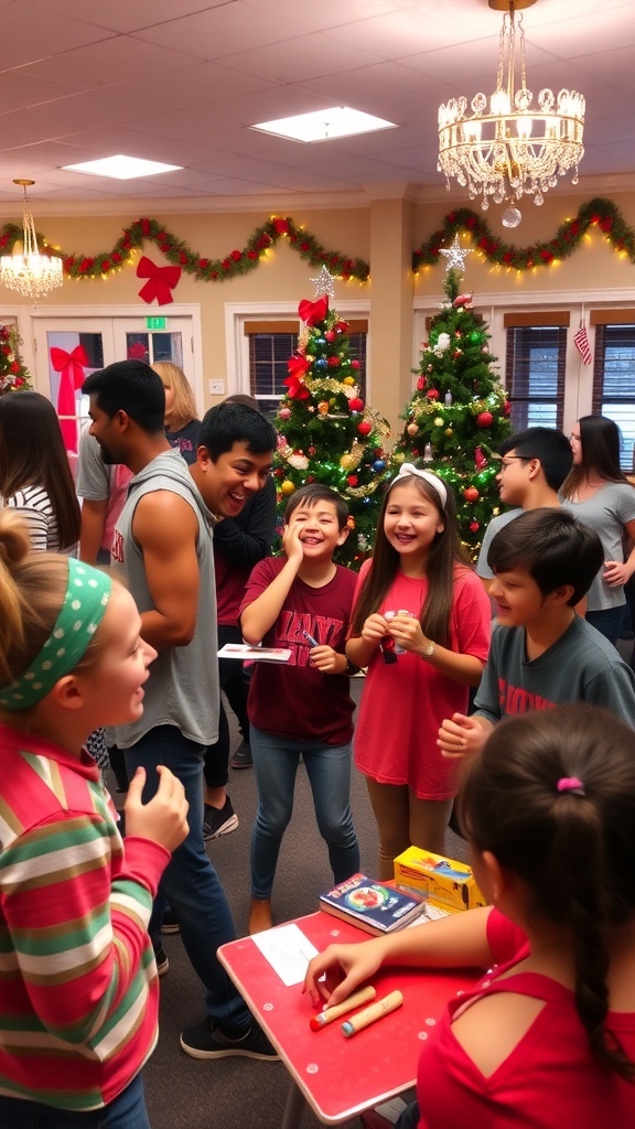 8th graders enjoying Christmas party games with decorations and a festive ambiance.
